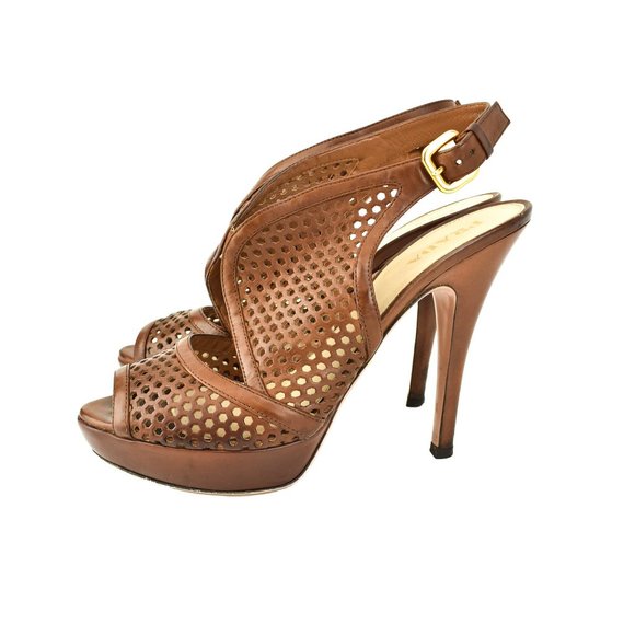 PRADA: Brown, Laser-Cut Leather Platform Sandals - Picture 5 of 10